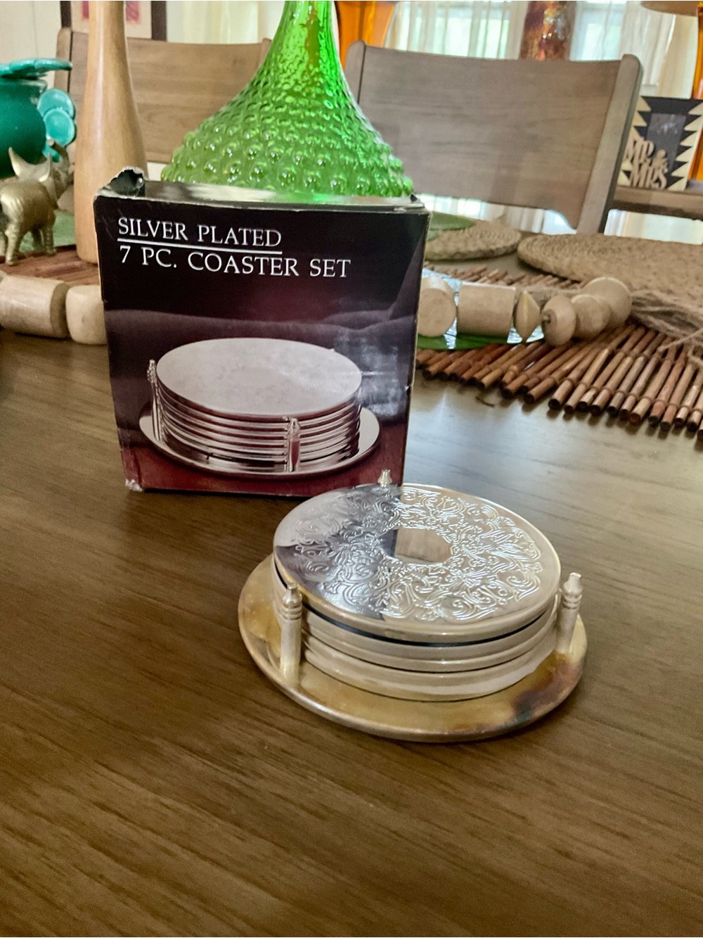 Vintage Etched Silver Plated Coasters & Rack Holder Caddy Set Of 5 Elegant